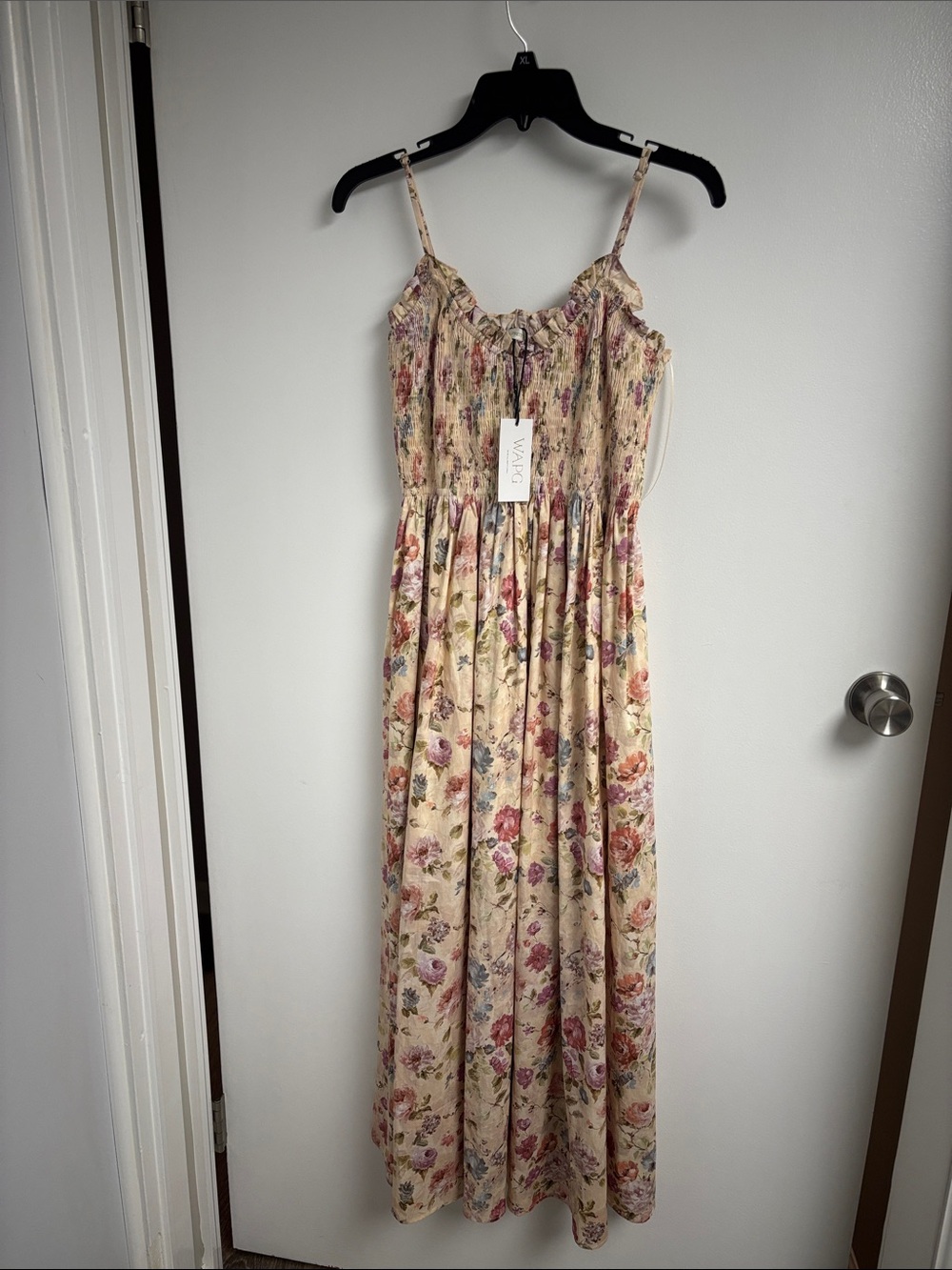 Floral Cream Maxi Dress with Ruffled Neckline - VICI